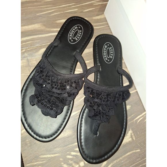 Steve Madden Black Embellished Sequin Thong Sandal Shoe Black Sz. Med 7-8 - Picture 3 of 6